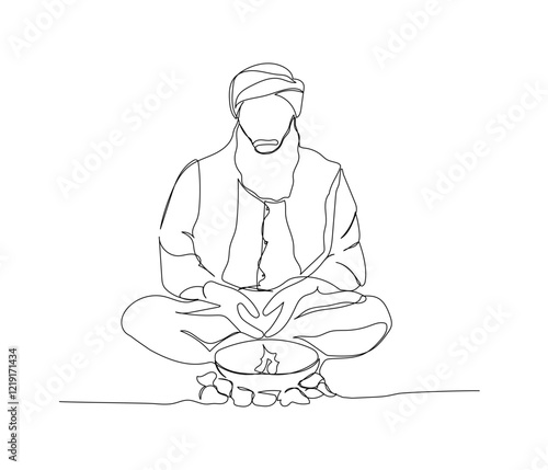 Arab man by the fire, magician, alchemist, healer one line art. Continuous line drawing of online Muslims, Islam, traditions, clothing, folk, oriental.