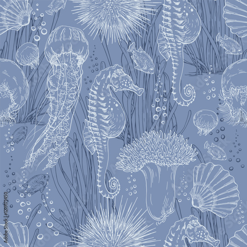 Seamless pattern with sea horse, jellyfish and shells. Hand drawn vector illustration on blue background.