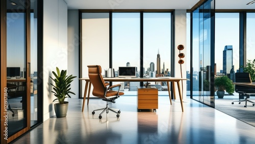 Modern office interior, floor-to-ceiling windows, city skyline view, wooden desk, ergonomic office chair, minimalist design, natural light, potted plant, sleek computer monitor, open workspace, contem photo