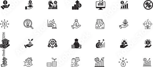 Investment icon set, investment, growth, finance, business, graph, economy, money, profit, chart, banking, increase, currency, financial, stock, analysis, strategy, success, concept, market.