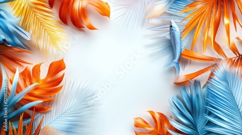 Wallpaper Mural This dynamic image showcases a blend of vibrant tropical leaves and a fish, creating an engaging visual that symbolizes summer, tropical vibes, and vitality. Torontodigital.ca