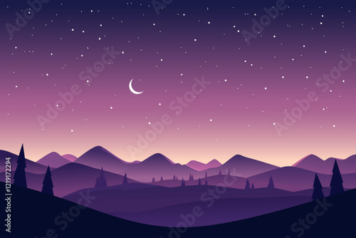 Night mountain landscape with a beautiful starry sky. Landscape of night mountains. Mountains, hills and forest against the background of the starry sky.