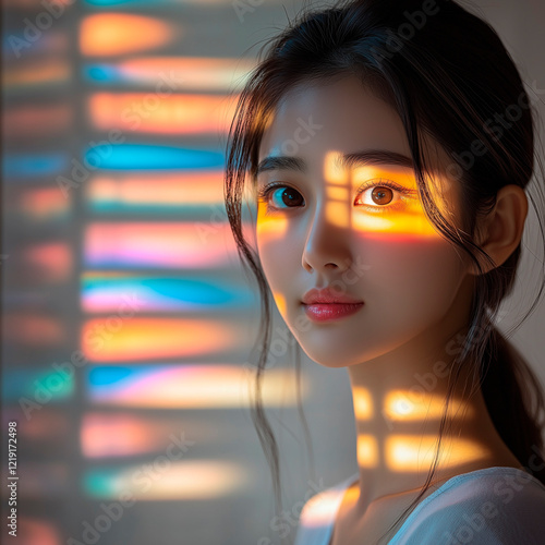 portrait of an asian girl standing by the window in multi-colored stripes of light, copy space