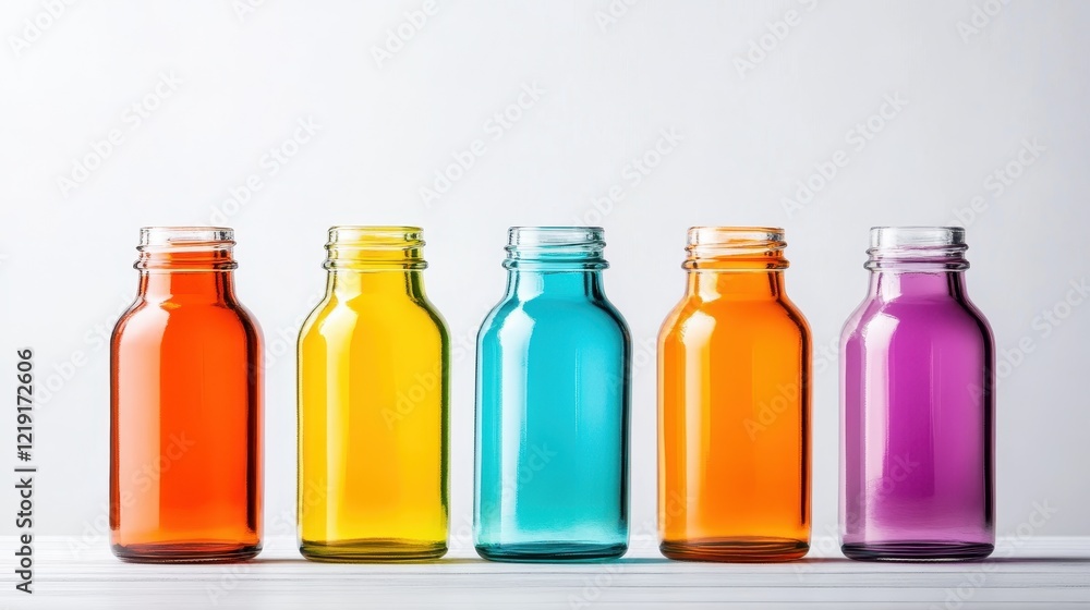 This image features an array of empty colorful glass bottles, arranged symmetrically against a simple background, symbolizing clarity and potential. This image features an array of empty colorful glass bottles, arranged symmetrically against a simple background, symbolizing clarity and potential.