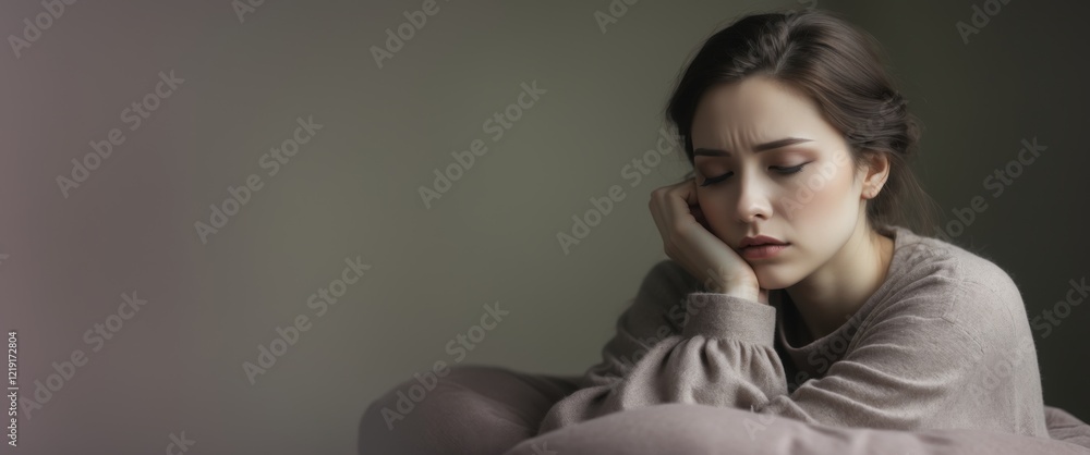 Fototapeta premium A contemplative young woman sits thoughtfully, her gaze distant, evoking feelings of introspection and tranquility in a softly lit environment.