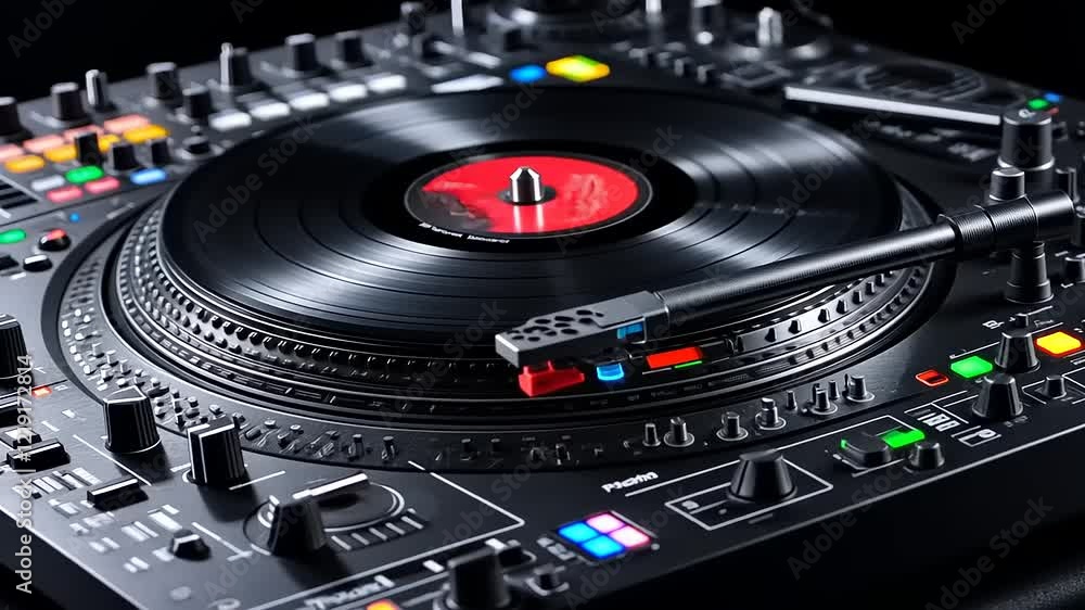 Close-up of a DJ turntable and mixer, vinyl record spinning. Close-up of a DJ turntable and mixer, vinyl record spinning.