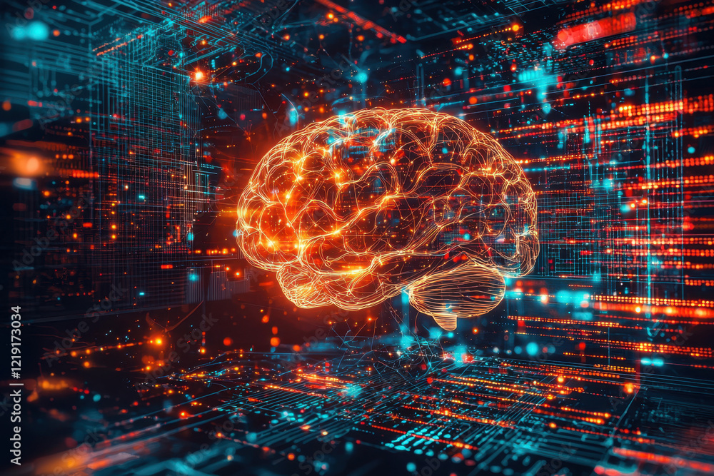 A radiant brain amidst a dynamic digital grid with glowing particles and circuitry. A radiant brain amidst a dynamic digital grid with glowing particles and circuitry.