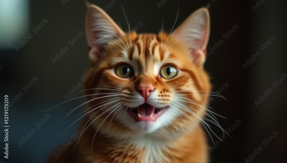 Fototapeta premium Funny smiling cat with a cute expression, Red background highlights the animal's features.
