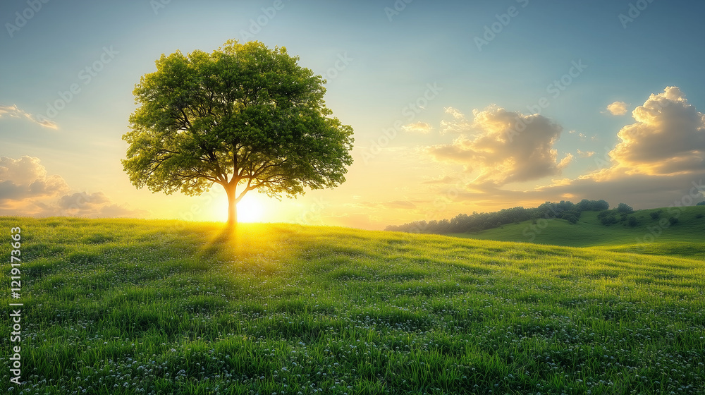 Obraz premium A single tree stands in a grassy field under a golden sunset