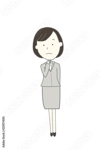 business woman in trouble(グレーのスーツを着た困った表情の女性のイラスト)