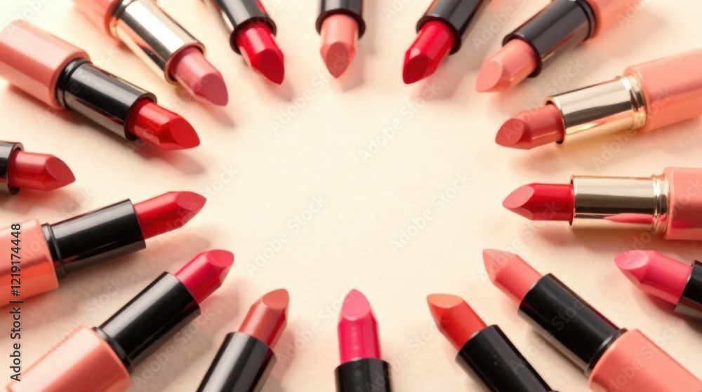 Obraz premium A Colorful Array of Lipstick Tubes Arranged in a Circular Pattern on a Light Beige Background, Showcasing a Variety of Shades and Textures for Makeup Application
