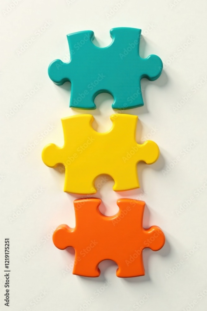 Obraz premium Three vibrant puzzle pieces vertically aligned, representing unity and collaboration in problem-solving