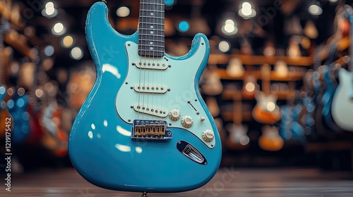 A vibrant blue electric guitar stands in a music store