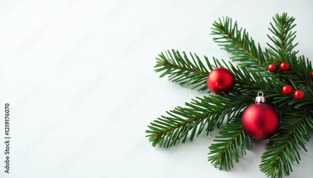 A solitary green evergreen branch adorned with red and white ornaments and red berries, white, branch, green A solitary green evergreen branch adorned with red and white ornaments and red berries, white, branch, green