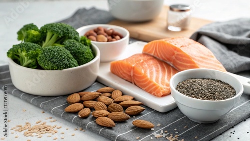 Food for Healthy Thyroid Gland (Salmon, Broccoli, Chia Seeds, Almonds), Hypothyroidism, Hyperthyroidism, Goiter, Thyroid Nodules, Thyroid Cancer, Hashimoto's Thyroiditis, Graves' Disease, Iodine photo