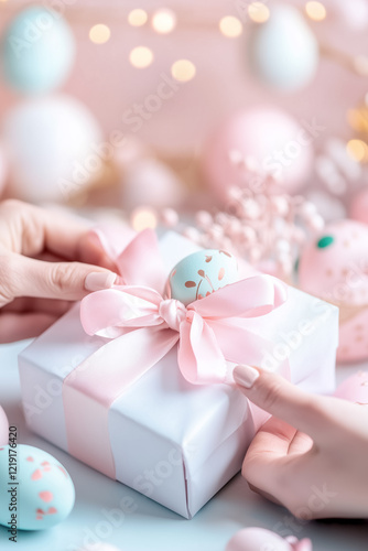 Hands expertly tie a pastel ribbon around a beautifully wrapped Easter gift, surrounded by decorative eggs and blurred festive decorations, creating a cheerful atmosphere