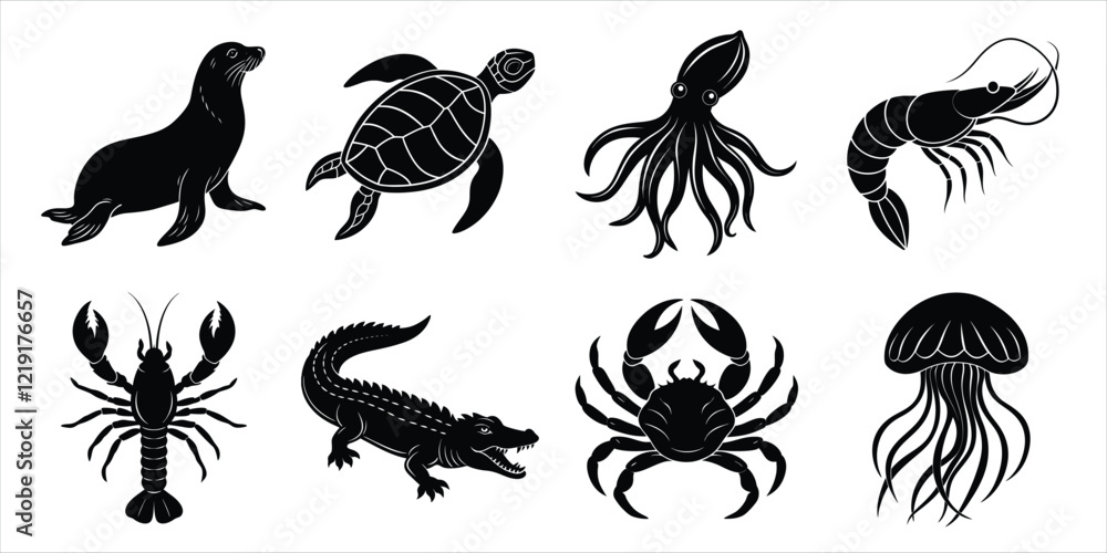 Fototapeta Ocean, Sea animals silhouette set. Aquatic animals life vector illustration design