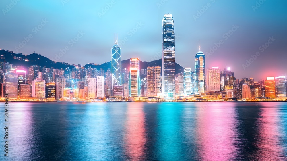 Naklejka premium Glowing Skyline of a Vibrant Coastal Metropolis at Night