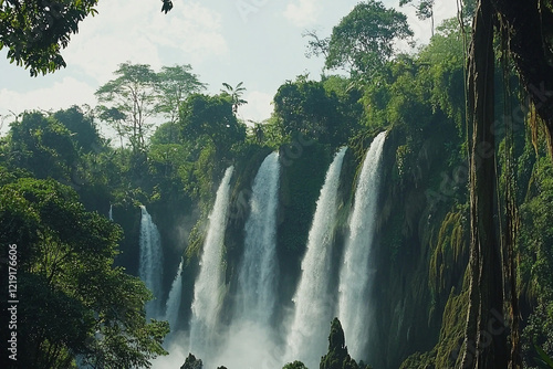 Fototapeta Naklejka Na Ścianę i Meble -  Majestic waterfall cascading in the jungle mist