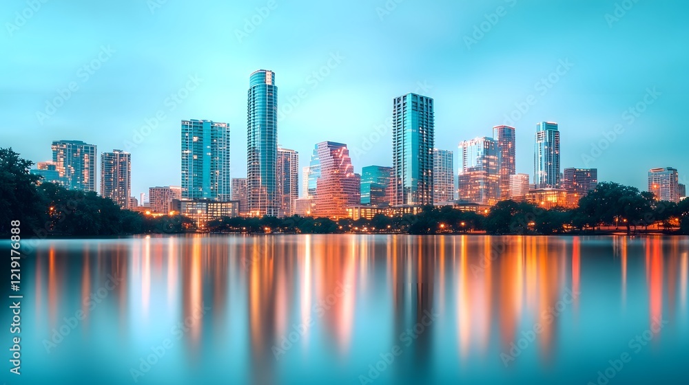 Fototapeta premium Vibrant City Skyline Glowing in Vibrant Night Lights Reflected on Water