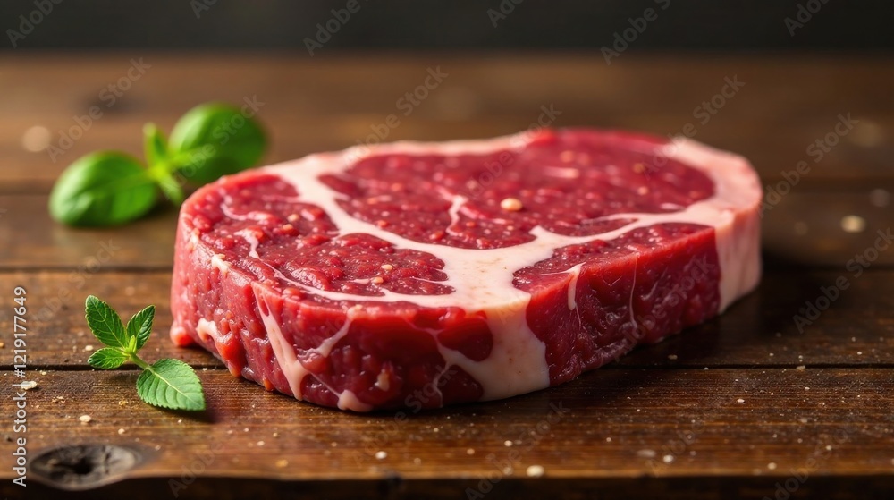 A succulent cut of raw beef steak rests on a rustic wooden board, adorned with fresh herbs A succulent cut of raw beef steak rests on a rustic wooden board, adorned with fresh herbs