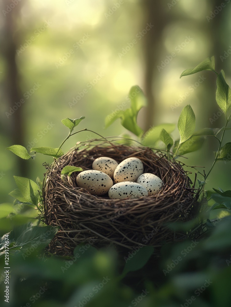 Nest with speckled eggs among green foliage in nature Nest with speckled eggs among green foliage in nature