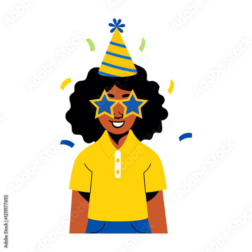 Party girl wearing star glasses and cone hat, flat illustration