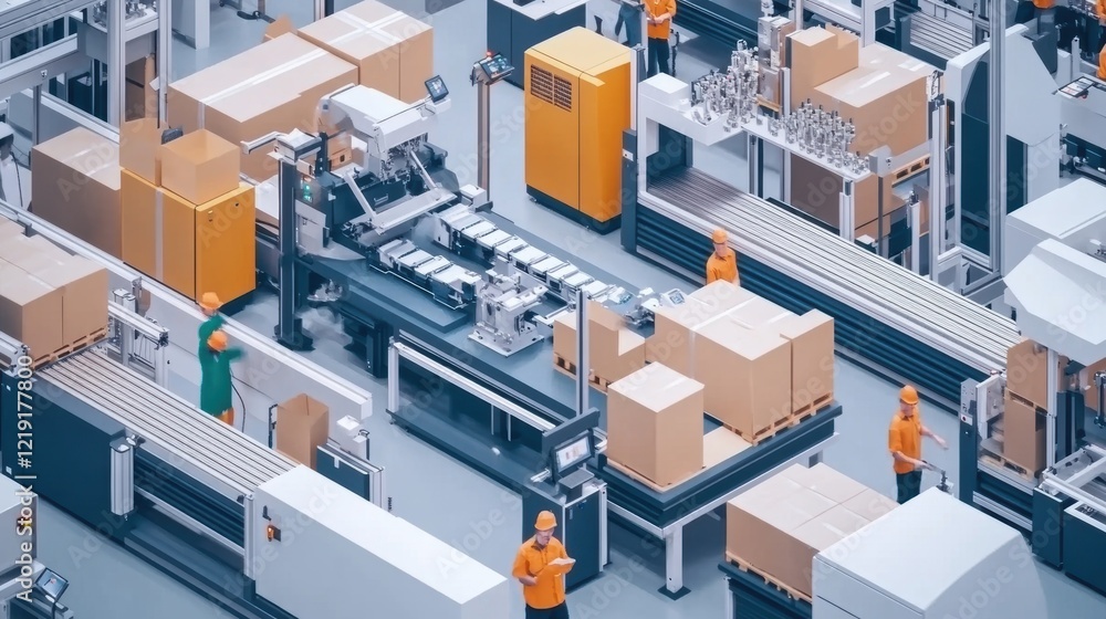 An assembly line filled with mixedcomponent sections each area showing customization with interchangeable parts as workers utilize handheld digital devices to monitor and modify workflow An assembly line filled with mixedcomponent sections each area showing customization with interchangeable parts as workers utilize handheld digital devices to monitor and modify workflow