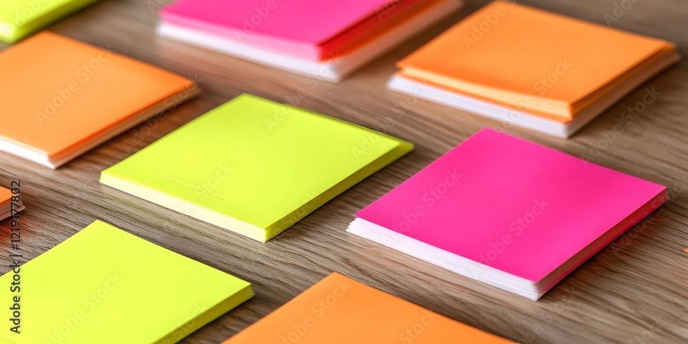 Fototapeta premium Colorful Sticky Notes Pads on Wooden Desk Background