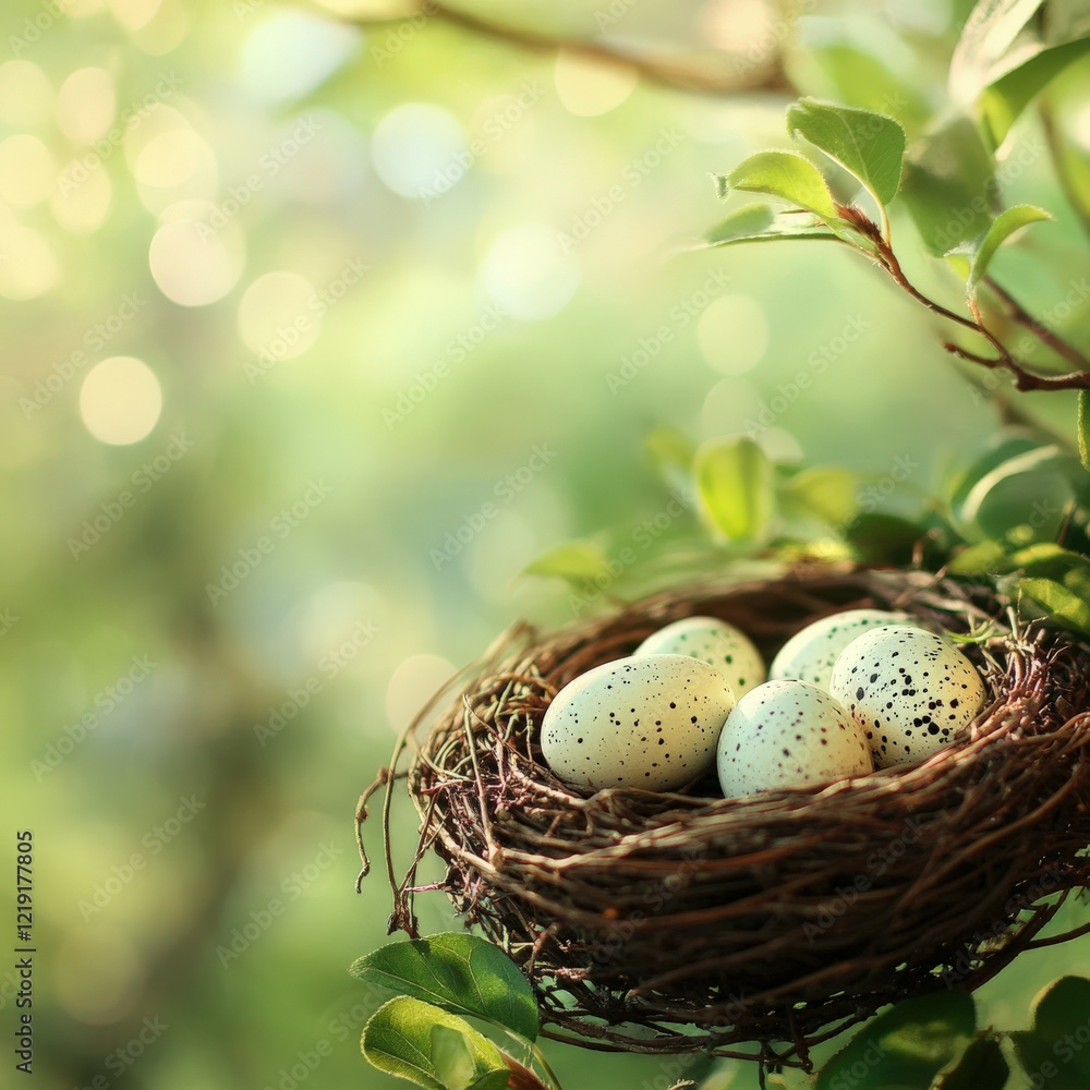 Fototapeta premium Nest with speckled eggs in sunlit branches during spring