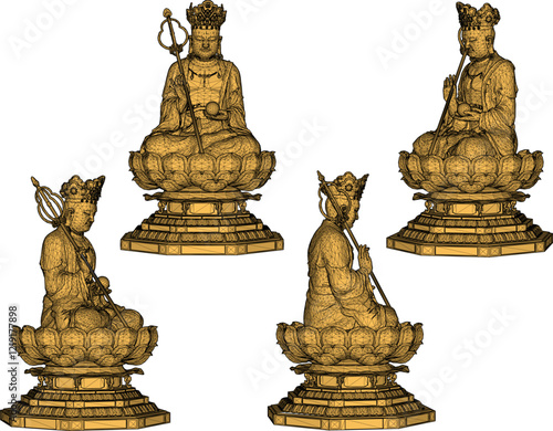 Vector sketch illustration of a sacred buddha statue decoration design meditating on a lotus flower 