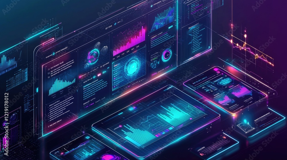 Futuristic Data Visualization, Interactive dashboards and displays showcasing real-time data analysis and insights with vibrant neon colors. Futuristic Data Visualization, Interactive dashboards and displays showcasing real-time data analysis and insights with vibrant neon colors.