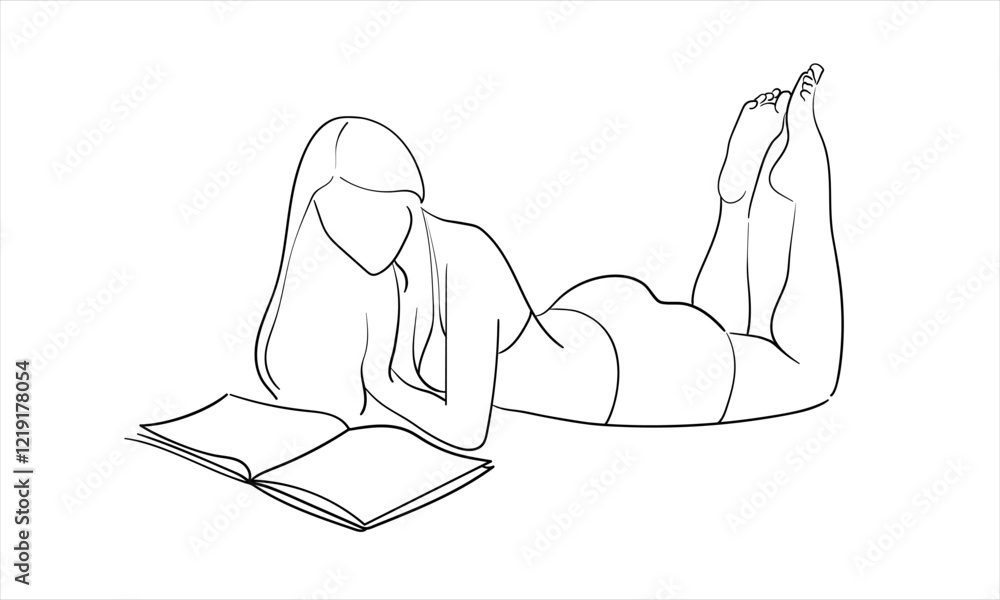 Happy woman sunbathing while reading a book continuous line art drawing isolated on white background. Vector illustration Happy woman sunbathing while reading a book continuous line art drawing isolated on white background. Vector illustration