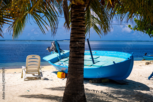 Fototapeta Naklejka Na Ścianę i Meble -  A blue boat on the beach in the Maldives under a palm tree.