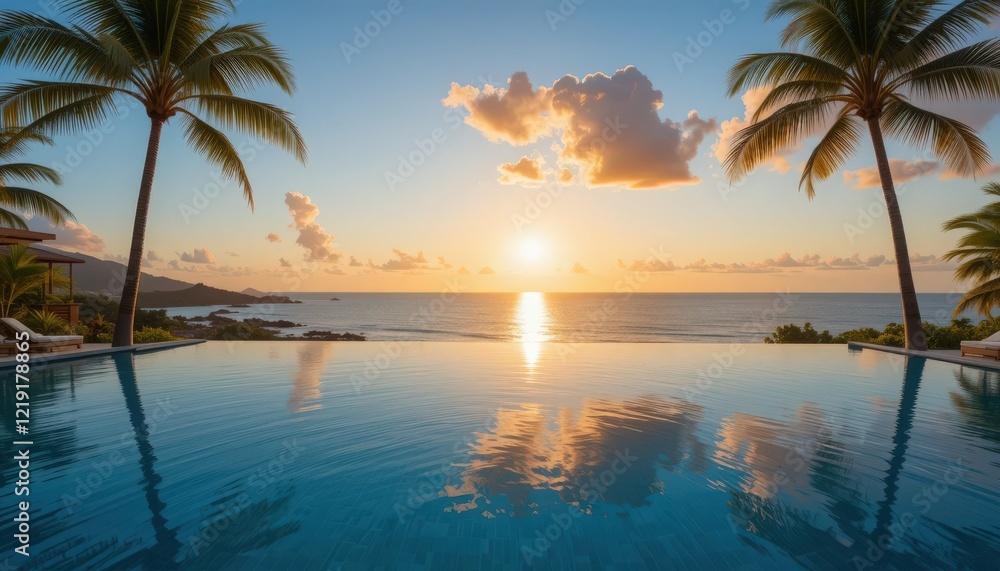Golden rays of the setting sun cast a warm glow over the ocean while gentle waves ripple beneath a serene sky, framed by palm trees swaying in the evening breeze Golden rays of the setting sun cast a warm glow over the ocean while gentle waves ripple beneath a serene sky, framed by palm trees swaying in the evening breeze