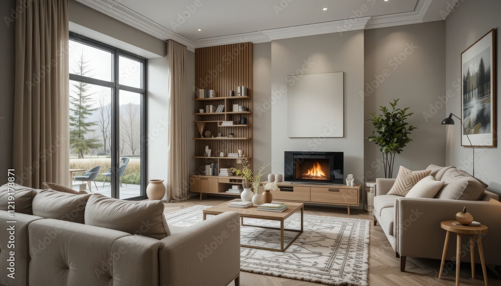 Fototapeta premium In a stylish living space, soft furnishings invite relaxation while large windows allow sunlight to brighten the room