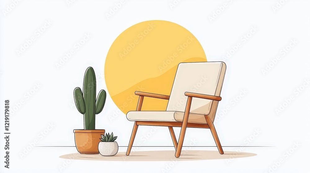 Fototapeta premium Cozy Chair with Succulent Plants and Sun in Minimalist Interior Design Setting