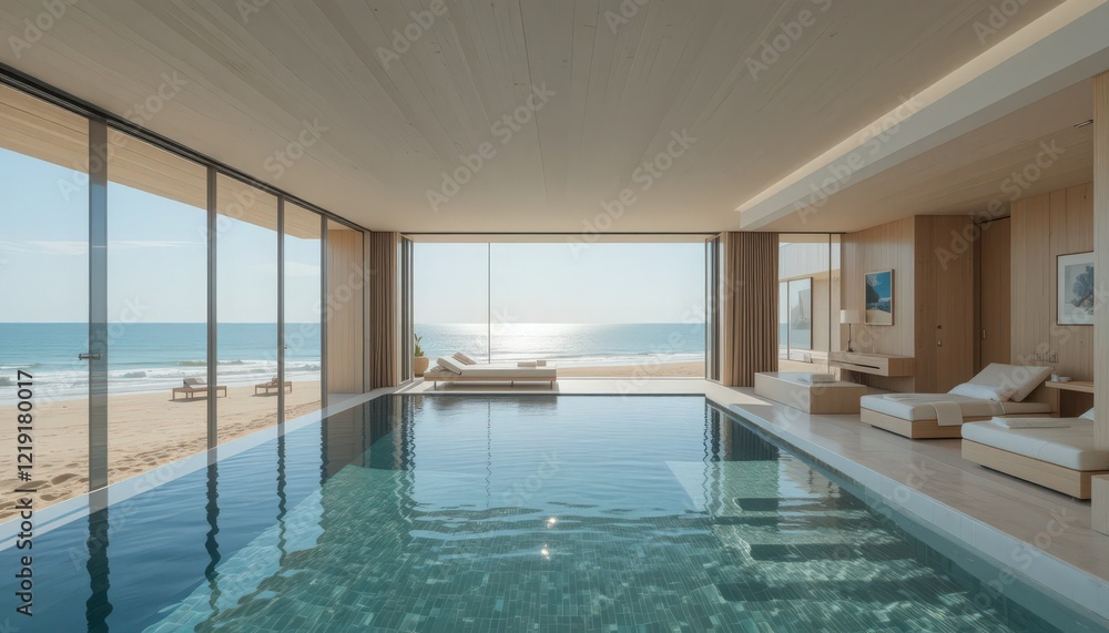 Fototapeta premium A tranquil beachfront haven showcases a modern indoor pool with stunning ocean views. Sunlight dances on the water, creating a relaxed ambiance perfect for unwinding and enjoying nature