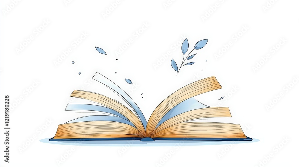 Fototapeta premium Open Book with Leaves and Elements Representing Knowledge and Learning