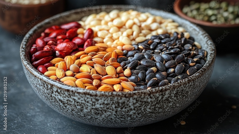 Naklejka premium A Bowl of Assorted Nuts and Seeds: A Colorful Mix of Kidney Beans, Pine Nuts, Almonds, and Black Seeds.