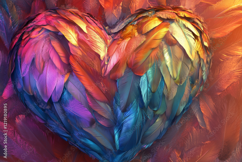 Fototapeta premium A heart made of feathers, each one shimmering with iridescent hues, postcard design. Valentine concept