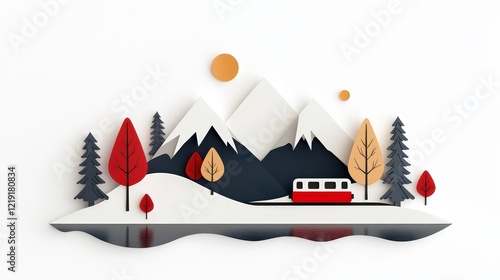 Wallpaper Mural Scenic Mountain Landscape with a Red Train and Colorful Trees in Paper Art Style Torontodigital.ca