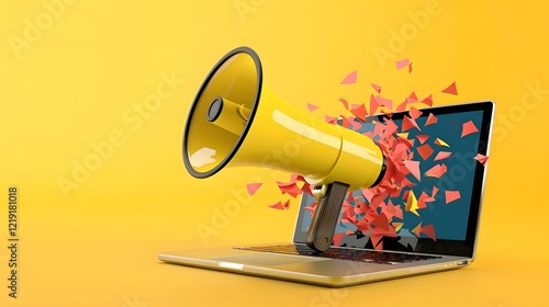 megaphone amplifying digital strategy on laptop against vibrant yellow background. generative ai
