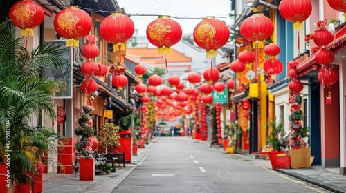 A vibrant street scene with red lanterns and decorations for Chinese New Year