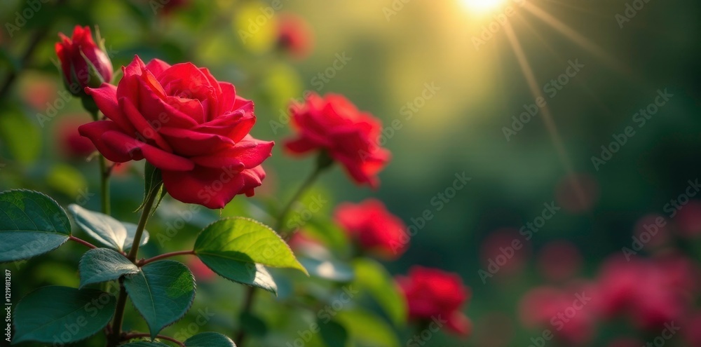 A spotlight shines down on a bright red rose bush, garden, colorful A spotlight shines down on a bright red rose bush, garden, colorful