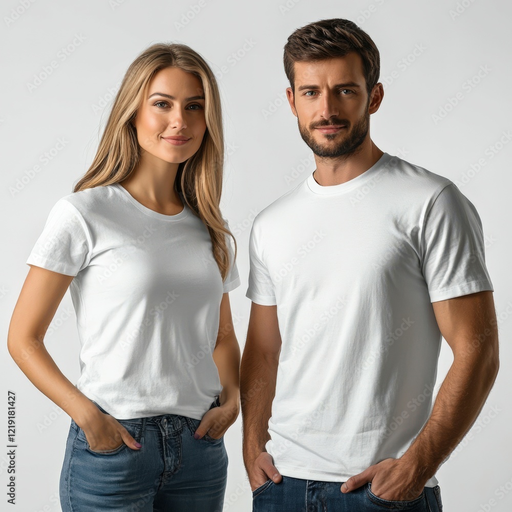 Couple modeling plain white t-shirts in a studio setting Couple modeling plain white t-shirts in a studio setting