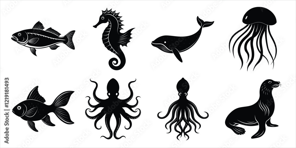 Naklejka premium Ocean, Sea animals silhouette set. Aquatic animals life vector illustration design