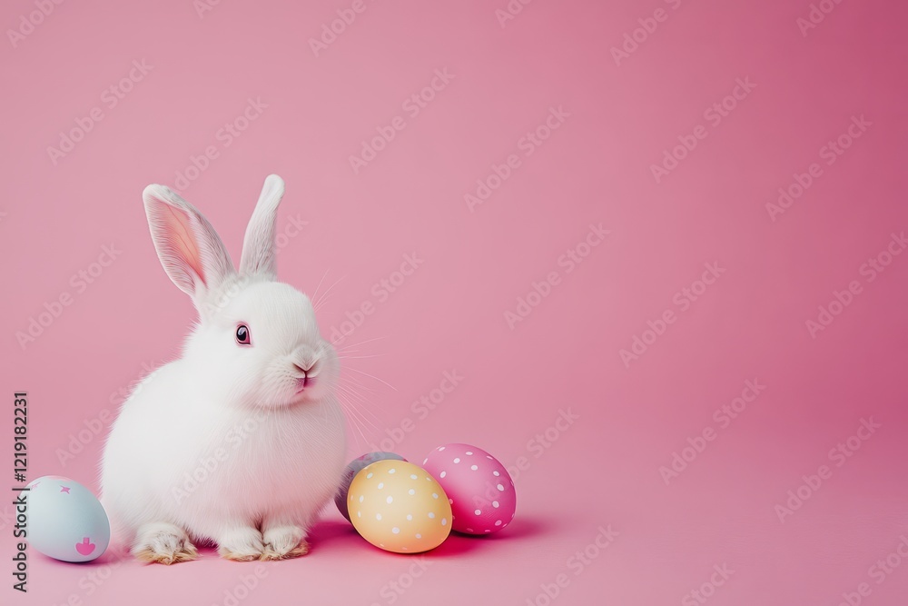 Fototapeta premium White rabbit on a pink background among Easter eggs. Easter and spring celebration concept. Spring card with space for text