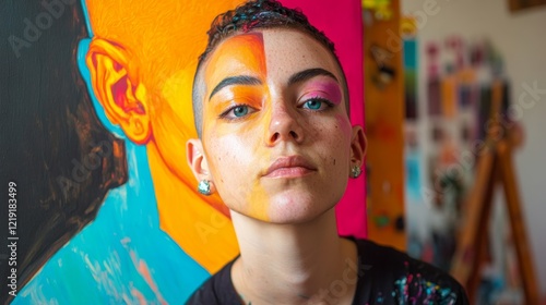 Embracing Fluid Identity: Gender-Fluid Artist Painting Vibrant Self-Portrait in Studio Setting photo