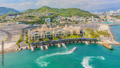 Vinpearl Reception Hall. 

Vinpearl Island Cable Car to Vinwanders Amusement Park. Aerial drone shooting in Nha Trang, Vietnam. 